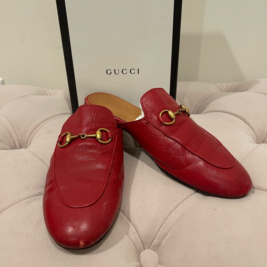 Gucci Hibiscus Red Leather Princetown Horsebit Mules Size 37